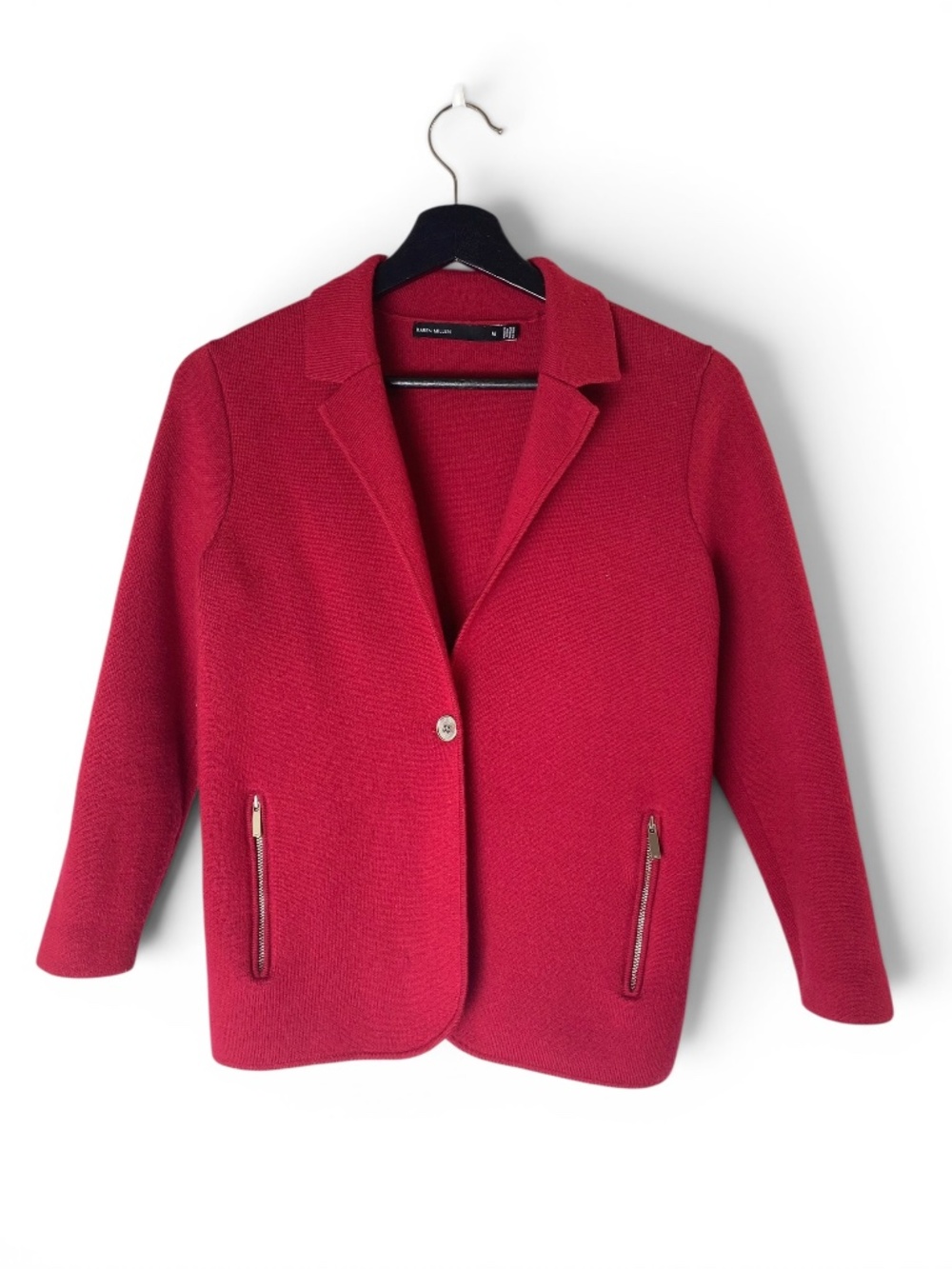 Karen Millen Wool Knit Blazer Jacket Zip Pockets 3/4 Sleeve Crimson Red Size M